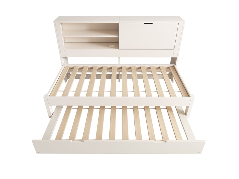  Sofa-lit 90x190 cm avec lit gigogne 90x190 cm, cadre bois blanc avec rangement arrière, niches ouvertes, rangements dissimulés, station de charge usbusb-c, sans matelas ORFRAB30708901W - Conforama A