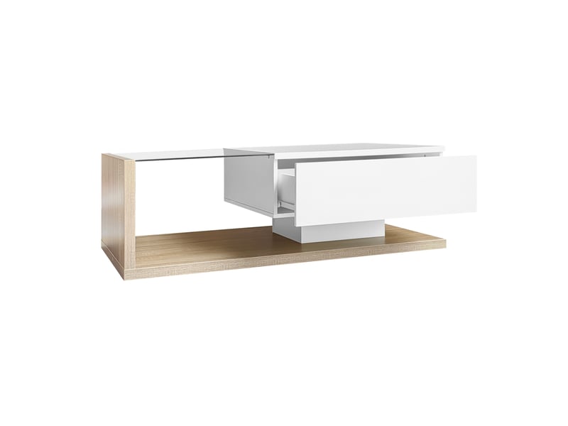 Table basse 105x55x32,5 cm avec led, panneau de particules, blanc et couleur bois  - Conforama A