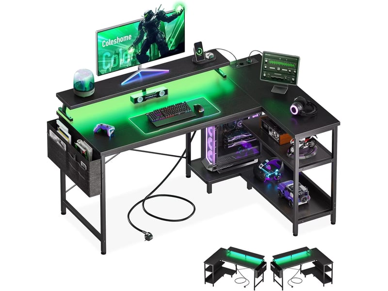  Bureau gamer d’angle 120 x 80 cm avec led, table en l avec étagères réversibles, prises et usb  - Conforama A