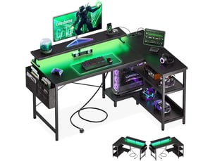 Bureau gamer d’angle 120 x 80 cm avec led, table en l avec étagères réversibles, prises et usb