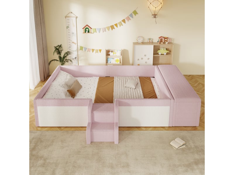  Lit banquette rembourré 140x190 cm en velours avec marches et rangement - rose Morn Vibe - Conforama E