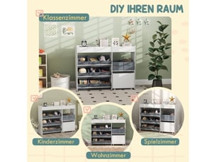 Meuble rangement enfant blanc, 11 bacs en tissu, étagères supérieures, 3 stickers, jouets et livres
