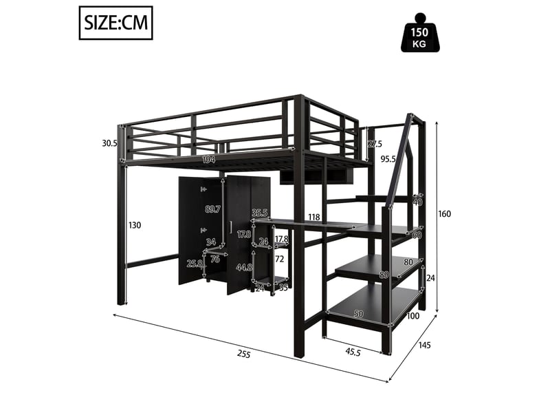 Lit surélevé enfant noir 140 x 200 cm avec armoire, étagères et bureau - Conforama E