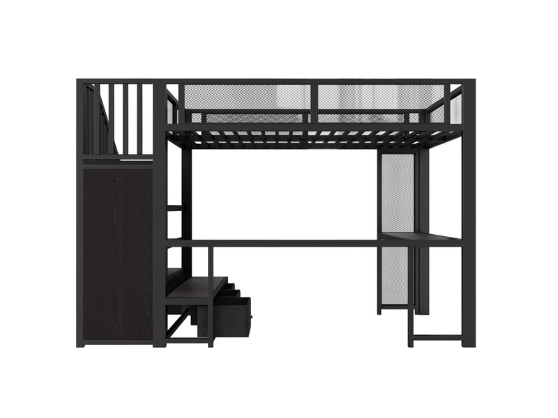  Lit mezzanine enfant 140x200 cm en métal noir avec bureau, led, usb, rangement et armoire ouverte, sans matelas  - Conforama E