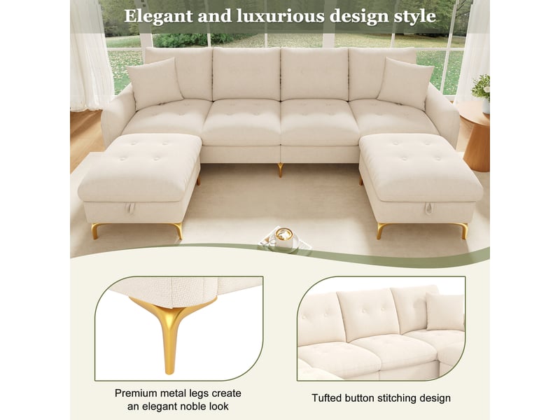  Canapé en u modulable 4 places beige en tissu chenille avec coffres  - Conforama C