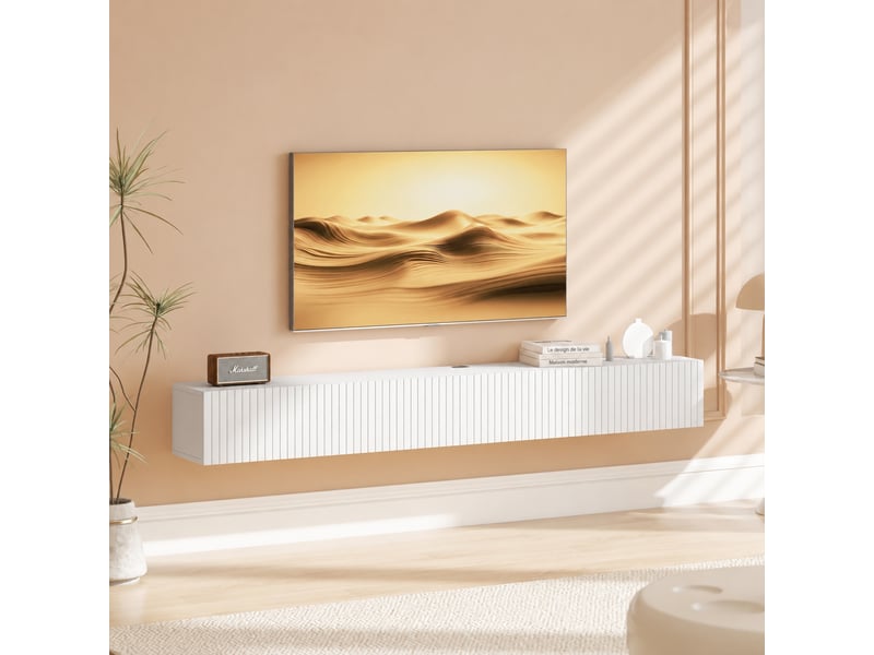  Meuble tv suspendu avec 2 portes abattantes cannelées, pour écran jusqu’à 72 pouces, blanc, 180 x 25 x 22 cm  - Conforama D