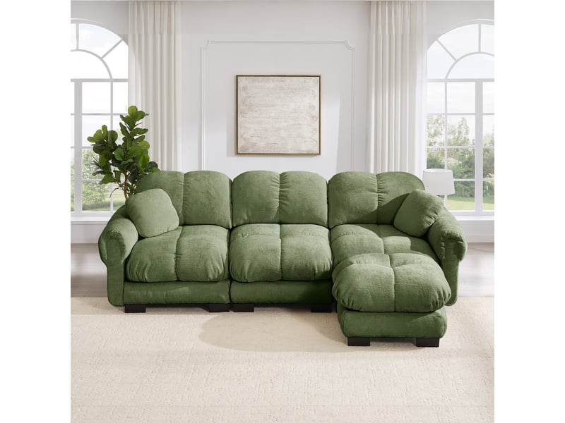  Canapé 3 places d'angle l vert en chenille avec pouf mobile - 260x149x90cm  - Conforama B