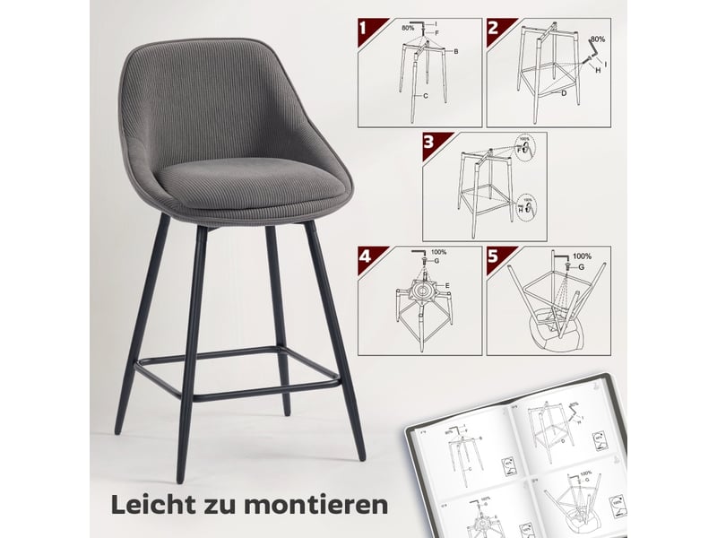  Tabourets de bar lot de 2 pivotants à 360° avec accoudoirs - lpospi - assise rembourrée, hauteur 65 cm, polyester - gris  - Conforama E