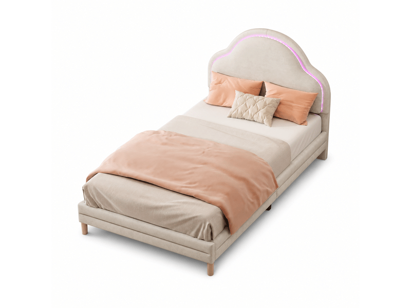  Lit enfant rembourré 90x200 cm avec tête de lit en forme de nuage, led multicolore changeante et sommier à 14 lattes en bois, velours, beige  - Conforama A