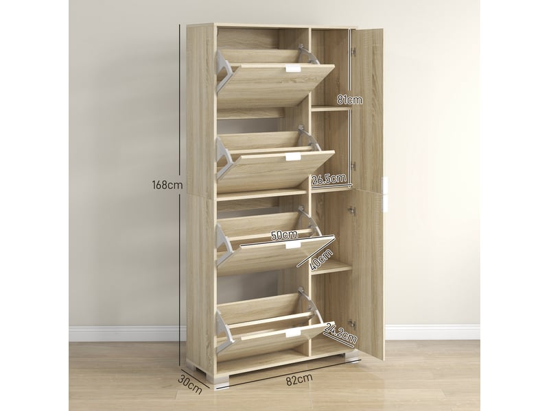  Meuble à chaussures avec miroir effet chêne, 4 tiroirs rabattables, 2 placards, 16 paires  - Conforama E