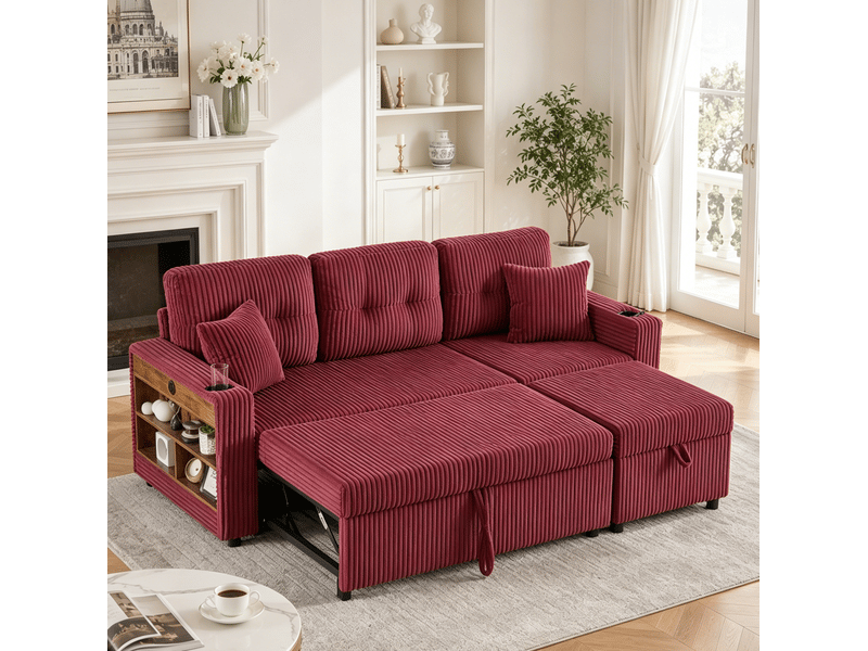  Canapé 3 places 196x82–144x85cm, lumières led, prise usb‑c intégrée, coussins moelleux, velours côtelé rouge bordeaux  - Conforama D