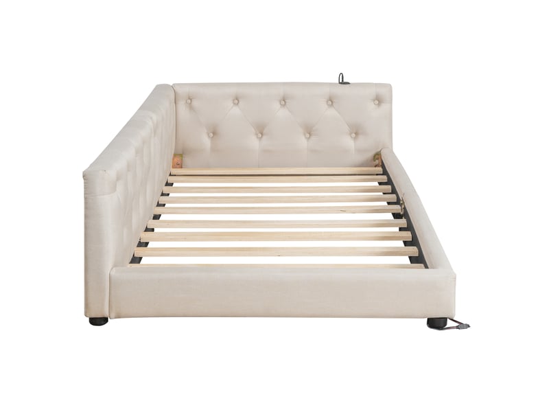  Lit de jour 90x200 banquette lit avec sommier en lin beige avec éclairage led et ports usb  - Conforama E