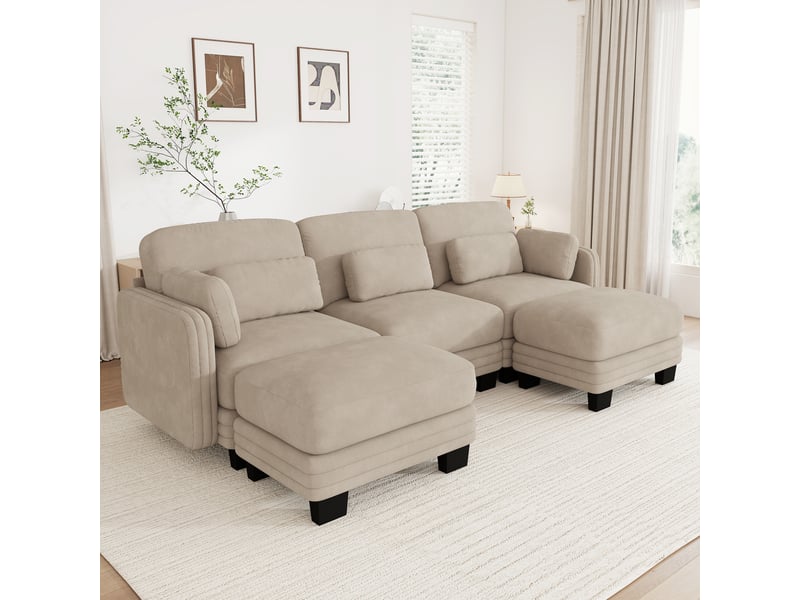  Canapé droit modulable 253 cm 3 places avec 2 poufs, coussins d’accoudoir amovibles, coussins lombaires épais à soutien renforcé, chenille, marron clair  - Conforama B