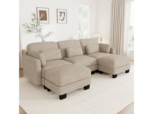 Canapé droit modulable 253 cm 3 places avec 2 poufs, coussins d’accoudoir amovibles, coussins lombaires épais à soutien renforcé, chenille, marron clair
