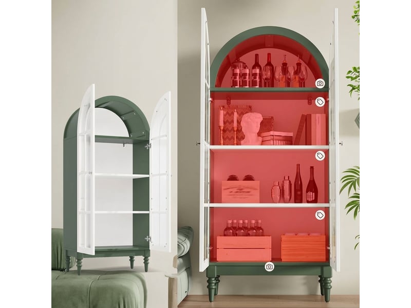 Buffet de cuisine vitrine 165 cm vert foncé avec portes en verre strié et 3 niveaux de rangement  - Conforama D