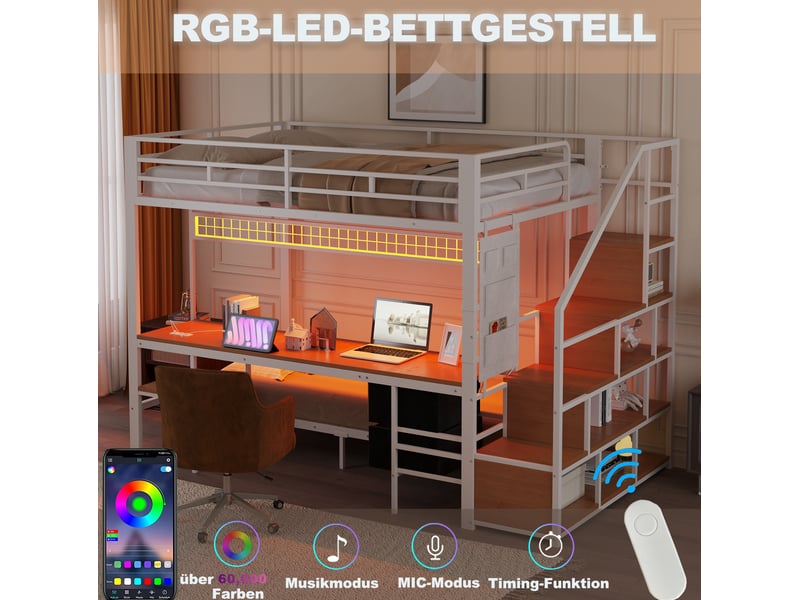  Lit superposé enfant 140x200 et 90x200 cm – blanc – bureau led, prises et rangements – sans matelas  - Conforama E