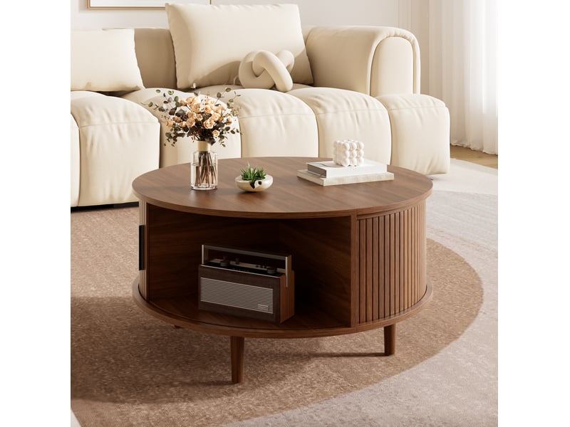  Table basse ronde relevable avec rangement et porte coulissante pour salon en mdf couleur noyer  - Conforama D