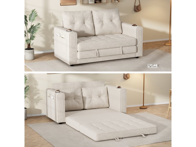 Canapé convertible - 141×79×93cm, canapé-lit double beige, triple extensible, dossier amovible, 141 x 79 x 93 cm - Conforama C