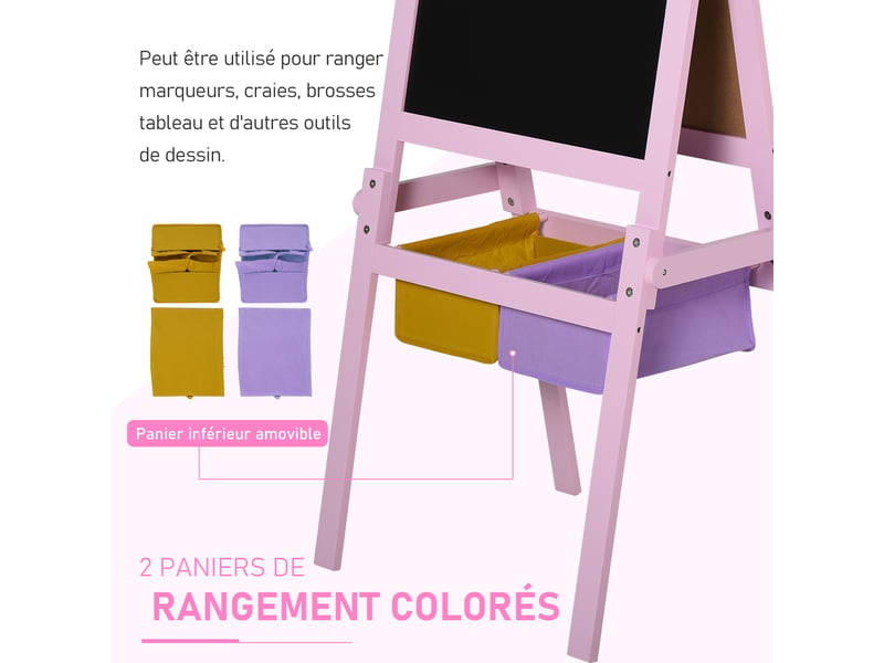 3 en 1 tableau enfant - chevalet enfant - ardoise double face - tableau blanc tableau à craie - rouleau papier avec accessoires + paniers rangement intégrés - mdf rose - Conforama R