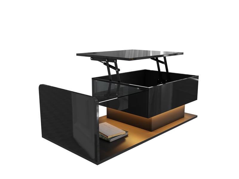  Table basse relevable 100x50cm avec verre trempé et led connectée | coffre et niche laqué brillant | charge 35kg - noir  - Conforama A