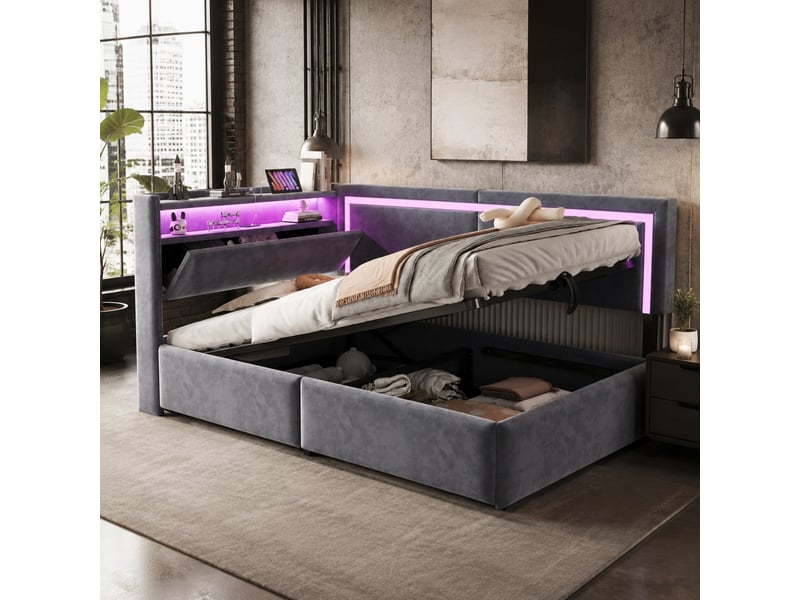 Lit banquette simple 90×200 cm coffre, led et usb - sans matelas en velours gris foncé - Conforama C