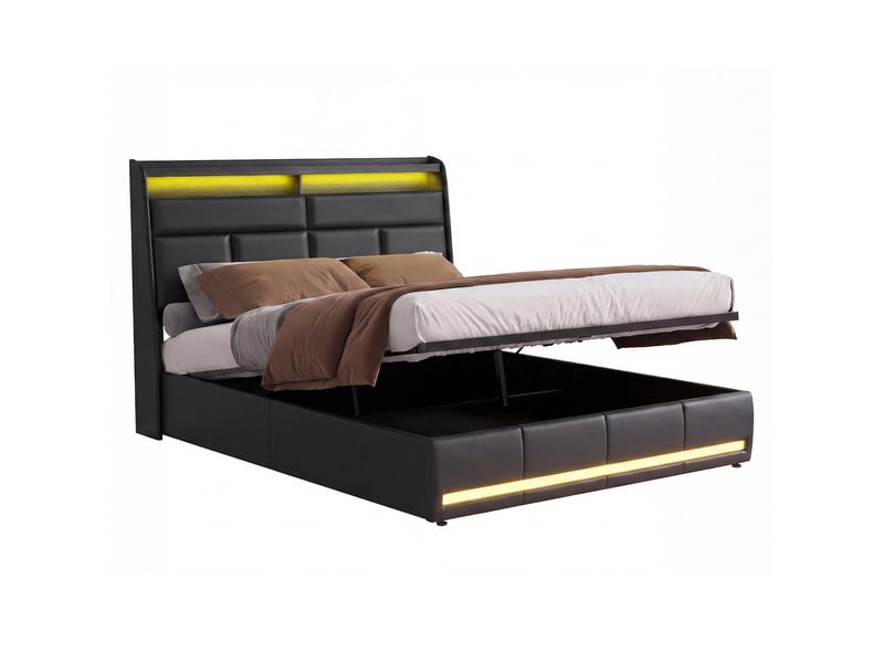  Lit coffre 160x200 cm - lit double 160x200 - rembourré en simili cuir pu, éclairage led tête et pied de lit, sommier - noir  - Conforama A