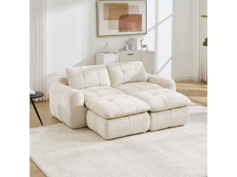 Canapé 2 places - 194 x 160 x 68 cm - canapé modulable en chenille avec 2 poufs amovibles - beige - Conforama C