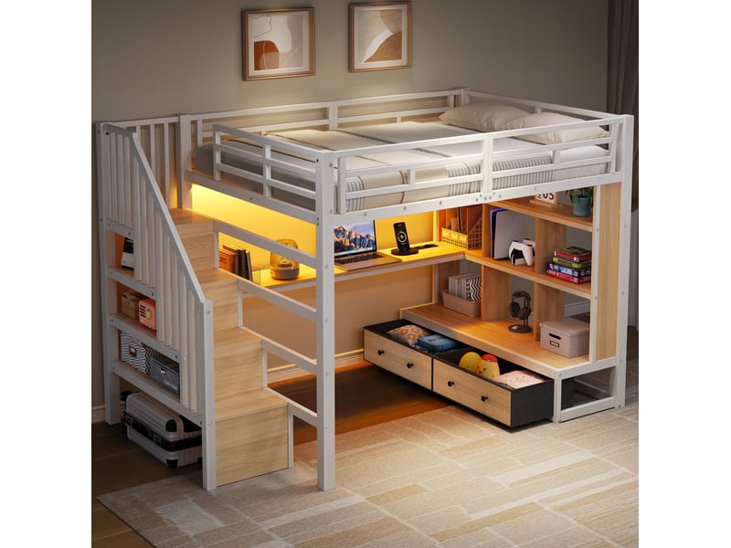  Lit mezzanine 140x200 cm, en mdf, métal, 2 tiroirs, escalier de rangement, bureau, lit enfant éclairage led, coloris blanc, sans matelas  - Conforama B