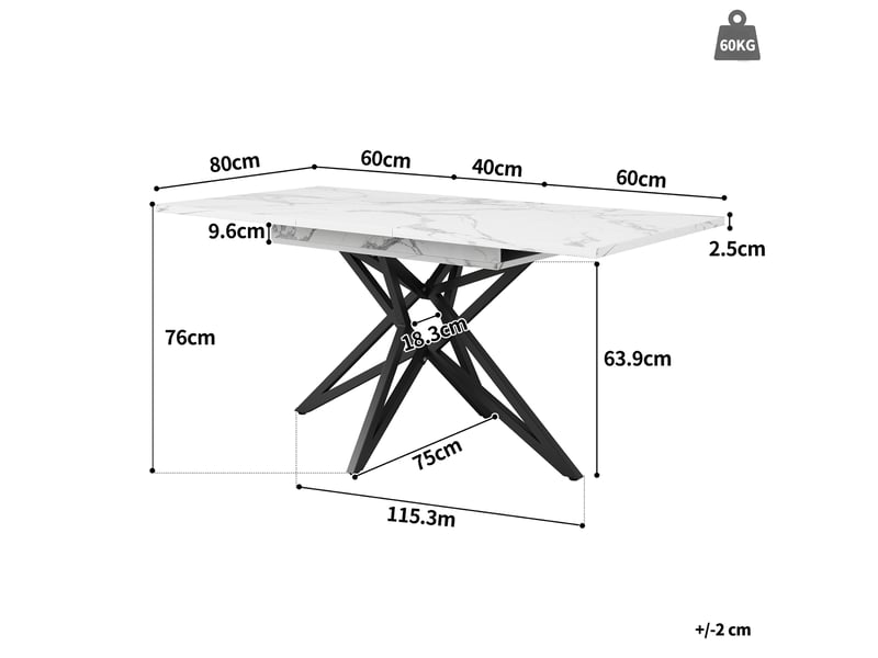  Table à manger extensible 120-160×80×76 cm, plateau finition marbre, mdf blanc, piètement étoile métallique noir  - Conforama C