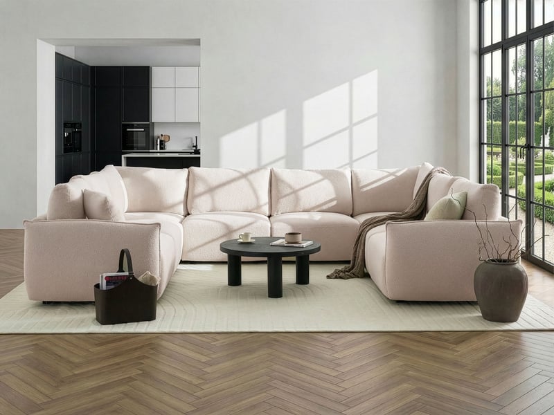  Canapé modulable en forme de u 8 places mesnali bouclé blanc cassé  - Conforama B