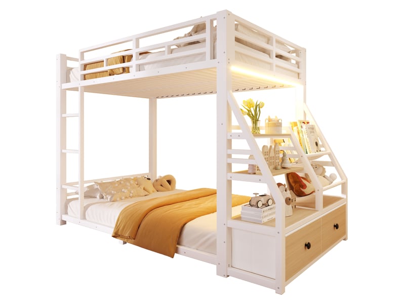  Lit superposé 90x200 cm par couchage avec led et 2 tiroirs en tissu blanc  - Conforama A