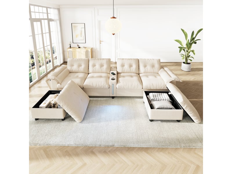  Canapé d’angle modulable 6 places 312 x 142 x 82 cm avec 2 poufs de rangement, console centrale, usb-c, led et rangements, chenille, beige OMNIGLINT TRADING LTD - Conforama E