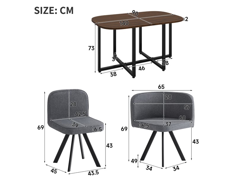  Ensemble repas 6 personnes avec table 140 x 90 cm effet noyer et 6 chaises grises en tissu effet lin, pieds métal noir DJ-N634D0027G-XL - Conforama E