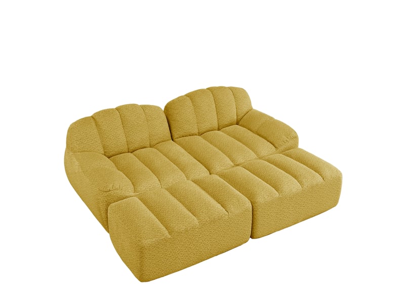  Canapé modulable 2 places 210x165x79 cm, sans montage, assise spacieux, polaire granuleux, mousse 32d, 2 poufs, jaune  - Conforama A