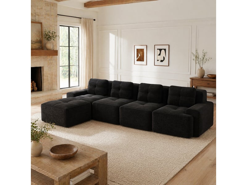  Canapé d'angle modulable ulevr 4 places avec méridienne, sans montage, velours côtelé noir, 382 x 177 x 69 cm  - Conforama B