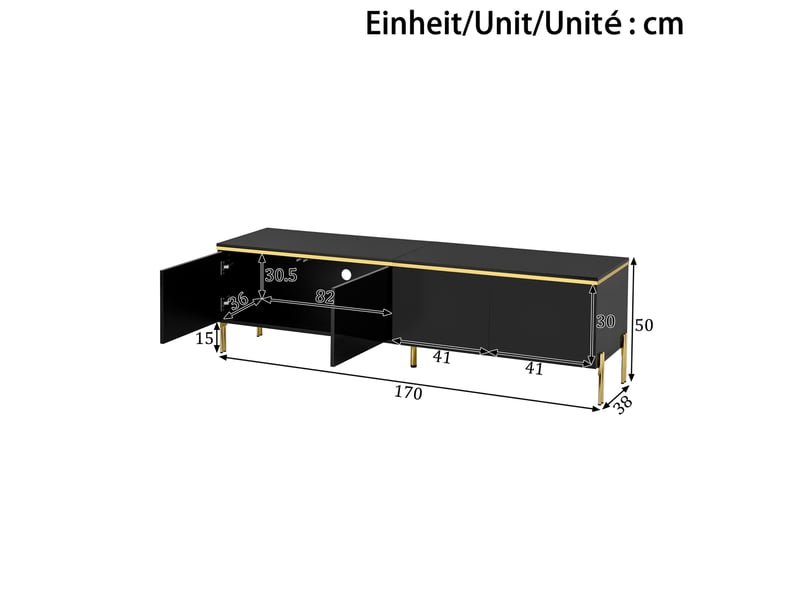 Meuble tv 170x38x50 cm noir brillant avec 4 portes et passe-câbles - Conforama C