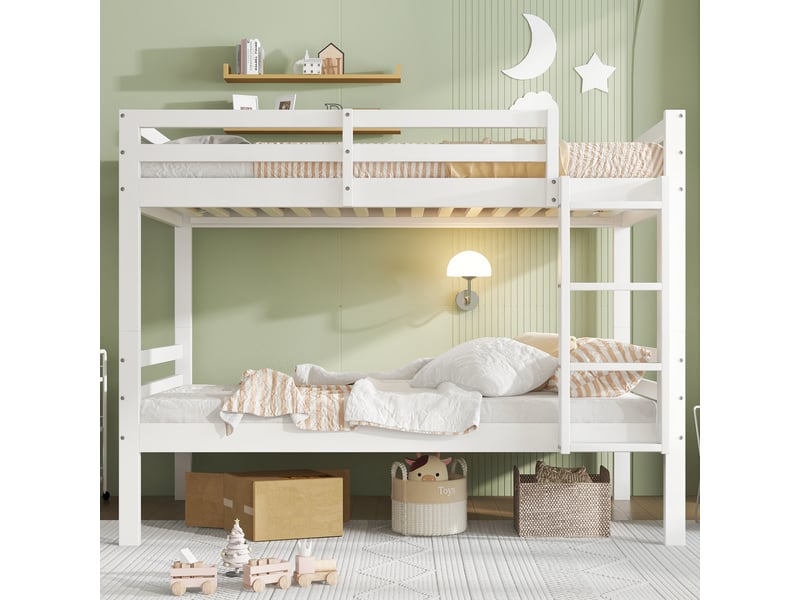  Lit superposé enfant 90 × 200 cm 2 places avec barrière et échelle, séparable, sans matelas, en pin, blanc  - Conforama E