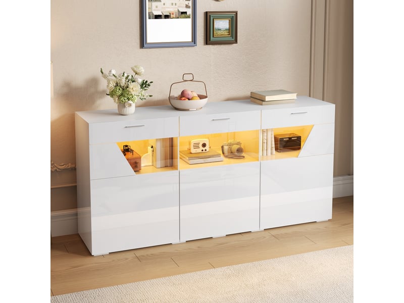  Buffet 160x38x78 cm à 3 portes, éclairage led contrôlé par application, panneau de particules blanc  - Conforama D