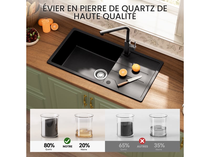 Cecipa max évier en granit 86x45cm - évier de cuisine noir - avec égouttoir et panier égouttoir - siphon et crépine inclus - Conforama E