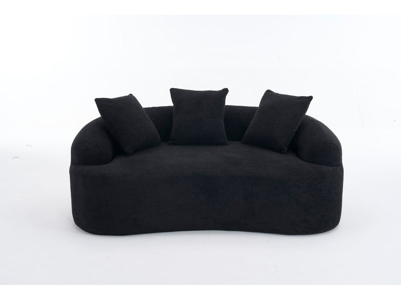 Canapé compressé 2 places incurvé en chenille noire, 3 coussins décoratifs - Conforama A