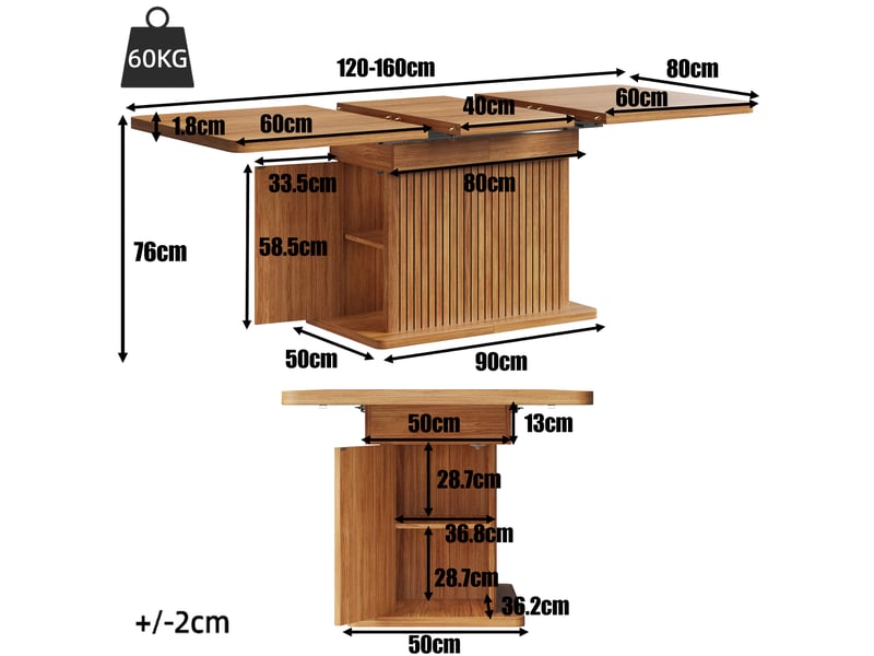  Table à manger extensible 120160 x 80 x 76 cm, rangement dissimulé, bandes verticales en relief, design moderne, mdf, brun foncé Bliss Lite - Conforama C