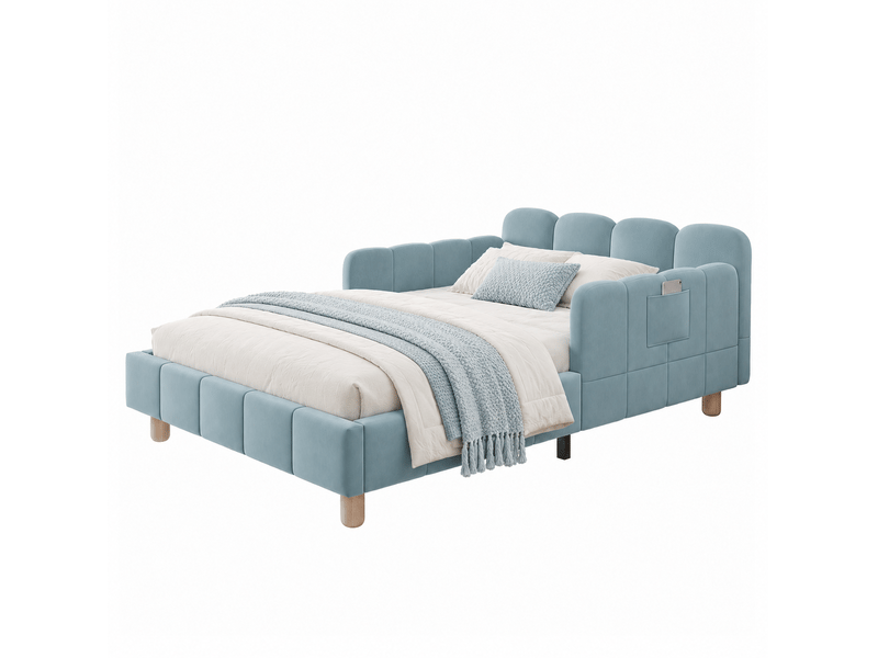  Lit enfant 90x200 cm, 213x100x64 cm, tête rembourrée, barrières, sommier à lattes, velours bleu, sans matelas  - Conforama A