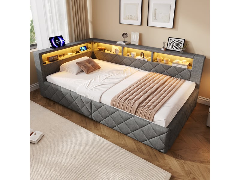 Lit enfant 90x200 cm avec rangement hydraulique, led et usb, lit coffre en lin avec tête de lit capitonnée et étagère - gris (sans matelas)  - Conforama C