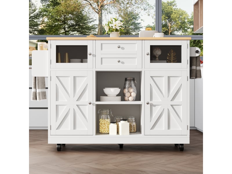  Desserte cuisine, îlot central sur roulettes avec plan de travail, plateau extensible, 2 tiroirs, dimensions 140 x 40 x 93,5 cm, mdf, blanc  - Conforama B
