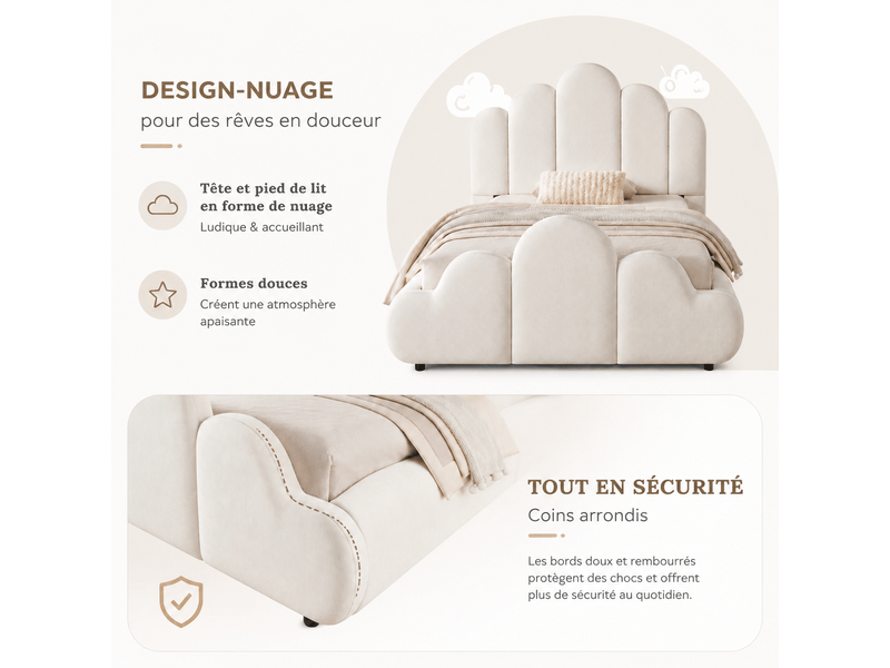 Lit enfant 90x200 cm – design nuage avec coins arrondis et sommier à lattes – velours – beige CozyNest - Conforama D