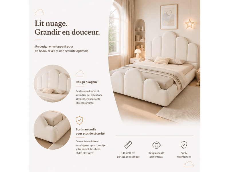  Lit enfant capitonné 140x200 cm, tête de lit rembourrée, coins arrondis, velours, beige  - Conforama D