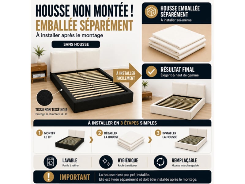 Lit rembourré double 180x200cm hydraulique avec sommier à lattes tête de lit rembourrée beige velours - Conforama E