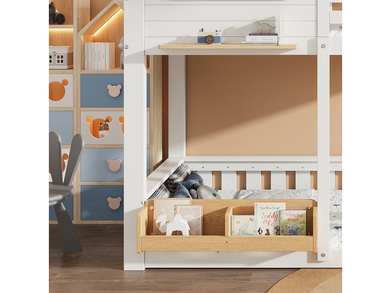 Lit superposé enfant 90x200 cm - avec échelle et des garde-corps - avec rayonnage de stockage - blanc + naturel (sans matelas) - Conforama R