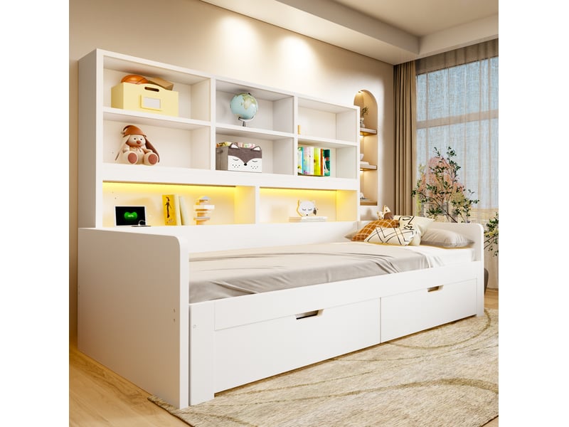  Lit gigogne 90x200 cm avec rangement, led et prises en mdf blanc  - Conforama D