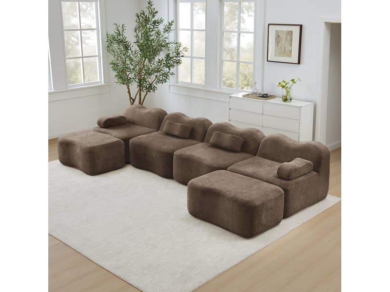 Canapé d'angle modulable 4 places en velours marron avec 2 poufs, forme u et confort pour le salon - Conforama B